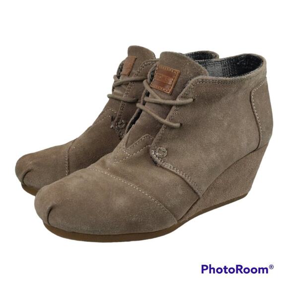 Toms Ankle Wedge Boots Suede Leather Boho Lace Up Booties Size 6 - Picture 1 of 8